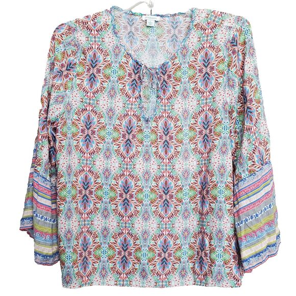 Sundance Modal Kaleidoscope Geo Pattern Tie-Neck Peasant Top Size Large Boho - Picture 1 of 5
